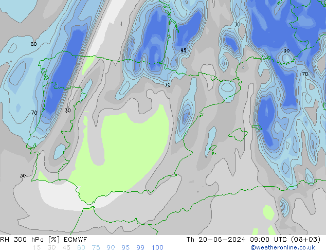 Humidité rel. 300 hPa ECMWF jeu 20.06.2024 09 UTC