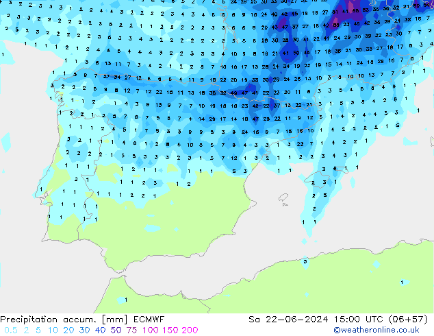 Precipitation accum. ECMWF so. 22.06.2024 15 UTC