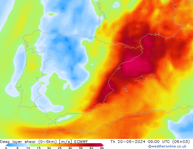 Deep layer shear (0-6km) ECMWF gio 20.06.2024 09 UTC