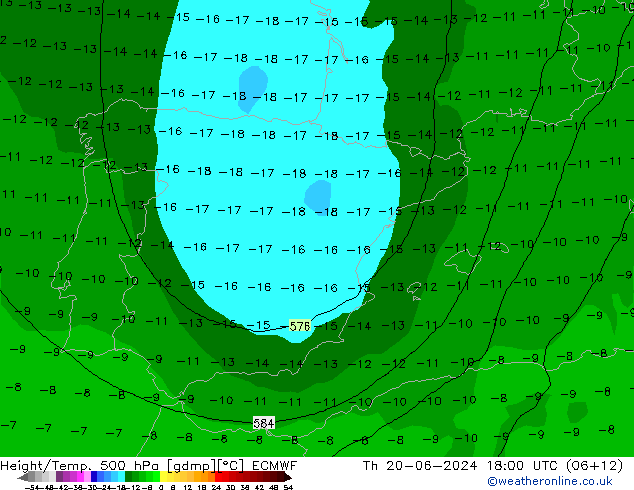 Height/Temp. 500 hPa ECMWF czw. 20.06.2024 18 UTC