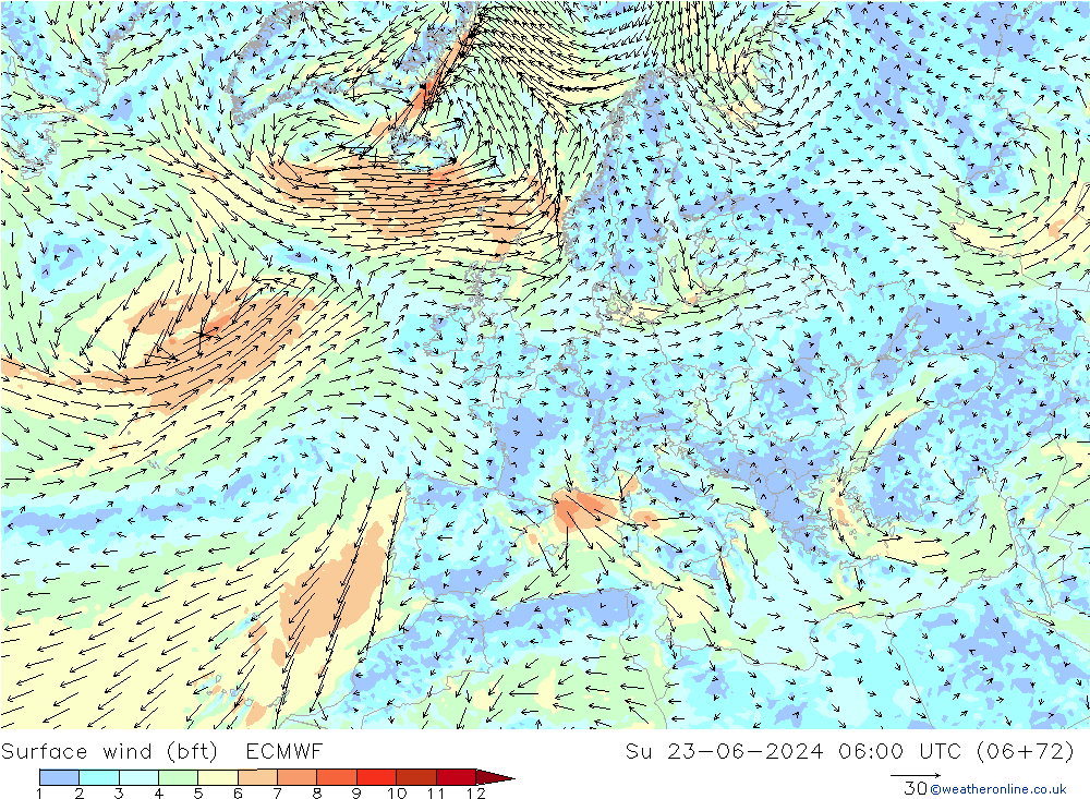 Vento 10 m (bft) ECMWF Dom 23.06.2024 06 UTC