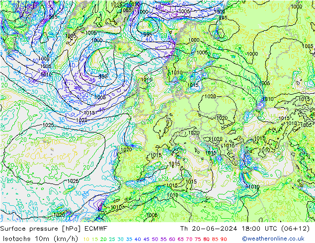 10米等风速线 (kph) ECMWF 星期四 20.06.2024 18 UTC