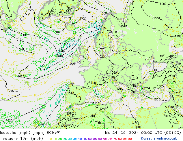 Isotachen (mph) ECMWF ma 24.06.2024 00 UTC