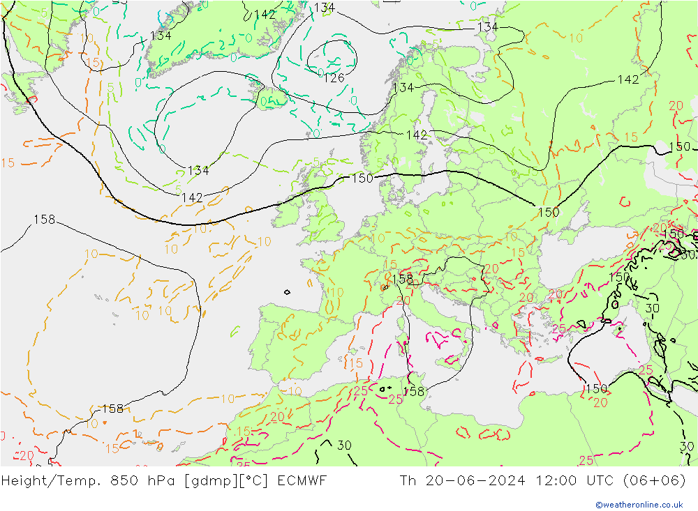 Geop./Temp. 850 hPa ECMWF jue 20.06.2024 12 UTC