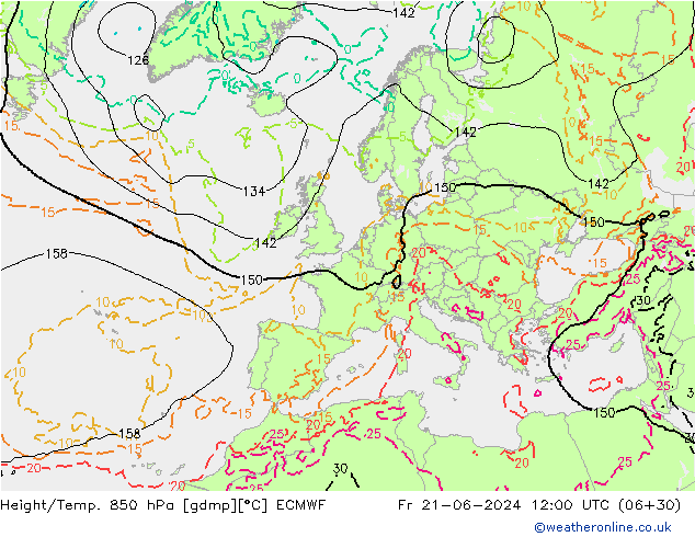 Height/Temp. 850 hPa ECMWF Fr 21.06.2024 12 UTC