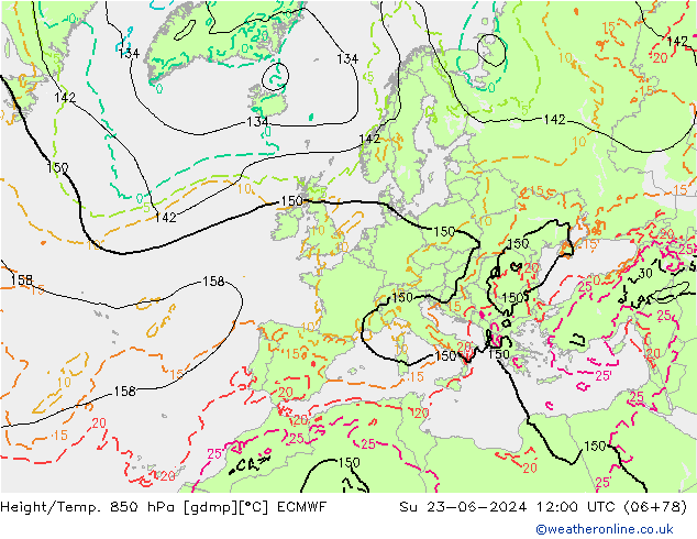 Z500/Rain (+SLP)/Z850 ECMWF So 23.06.2024 12 UTC