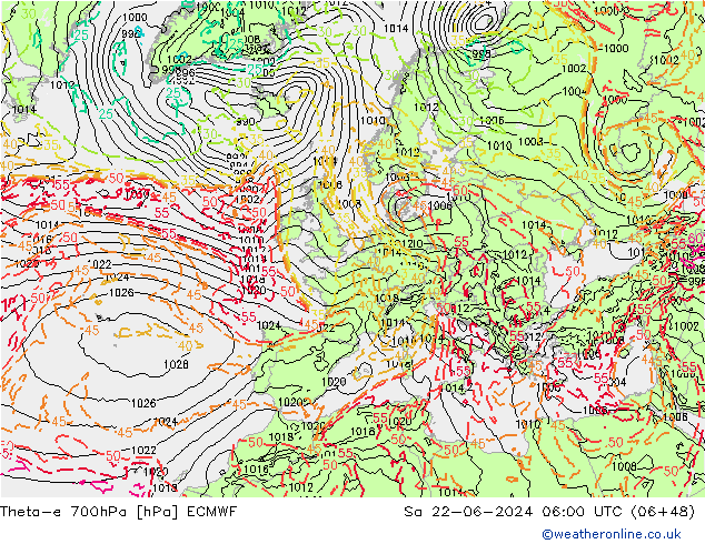 Theta-e 700hPa ECMWF Sa 22.06.2024 06 UTC