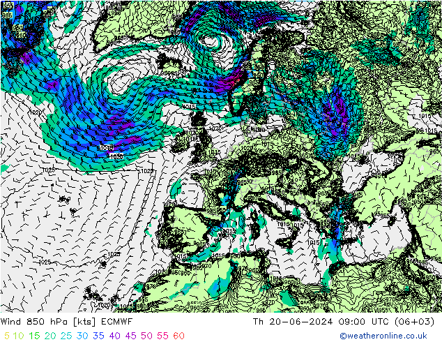 风 850 hPa ECMWF 星期四 20.06.2024 09 UTC