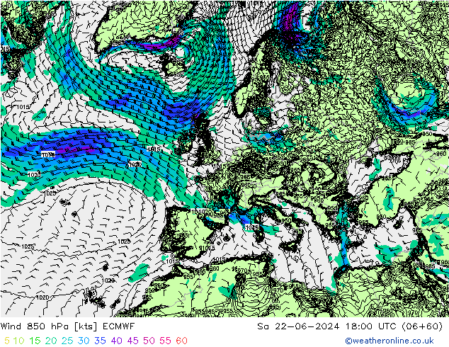 Wind 850 hPa ECMWF Sa 22.06.2024 18 UTC