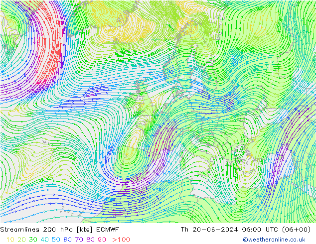 Línea de corriente 200 hPa ECMWF jue 20.06.2024 06 UTC