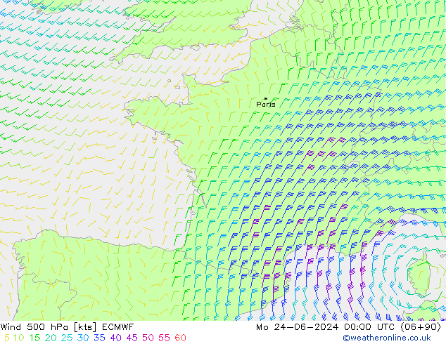 Wind 500 hPa ECMWF Mo 24.06.2024 00 UTC