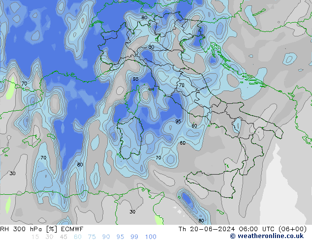 Humidité rel. 300 hPa ECMWF jeu 20.06.2024 06 UTC