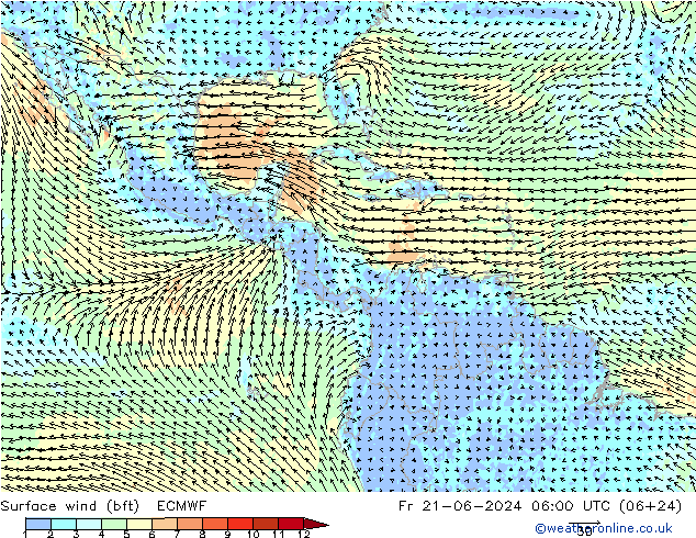 Surface wind (bft) ECMWF Fr 21.06.2024 06 UTC