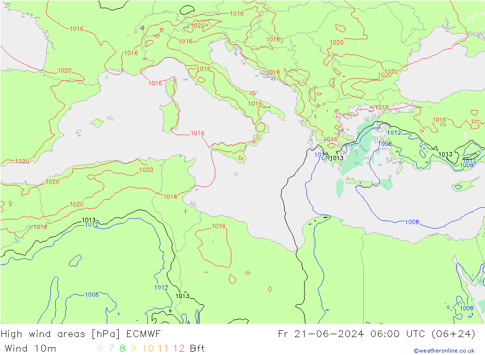 High wind areas ECMWF Pá 21.06.2024 06 UTC