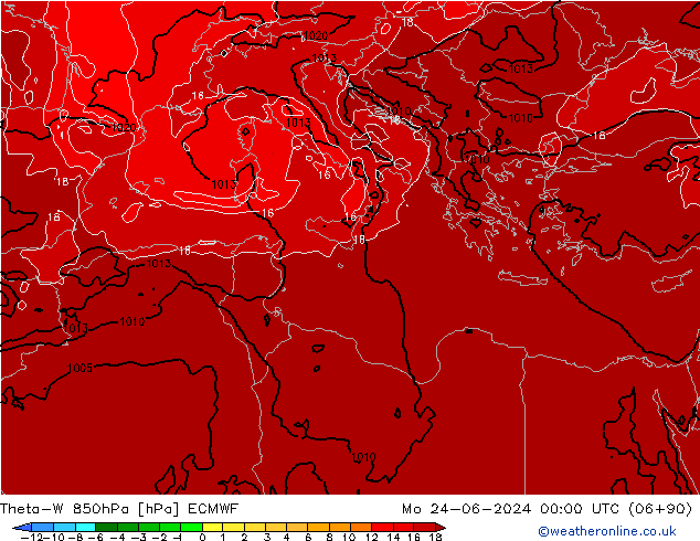 Theta-W 850гПа ECMWF пн 24.06.2024 00 UTC