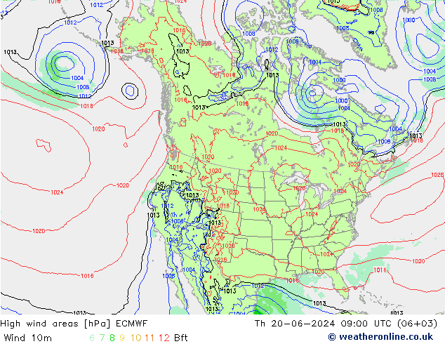 High wind areas ECMWF jue 20.06.2024 09 UTC