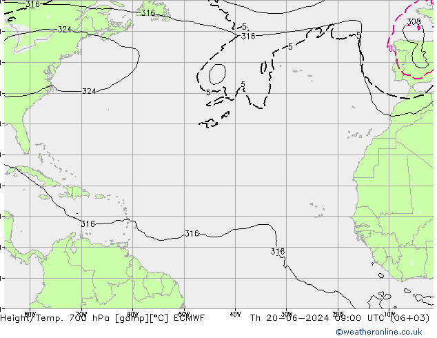 Height/Temp. 700 hPa ECMWF Do 20.06.2024 09 UTC
