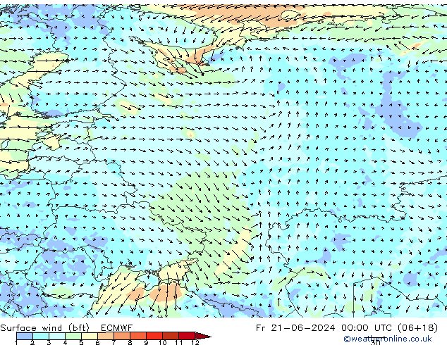 Surface wind (bft) ECMWF Pá 21.06.2024 00 UTC