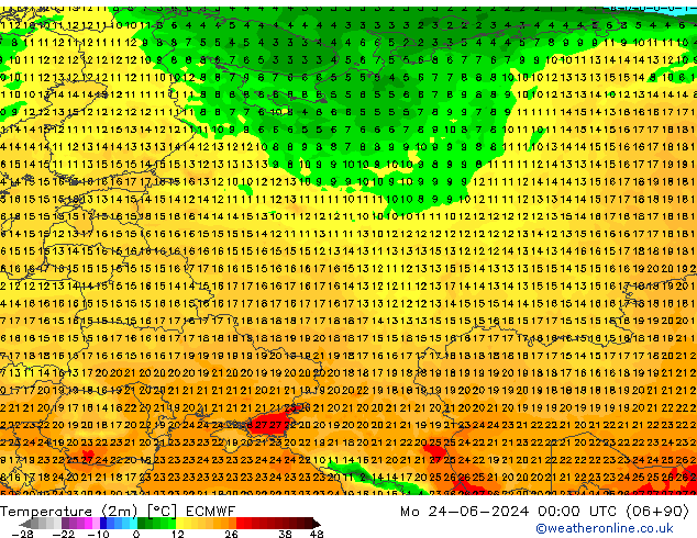 Temperatuurkaart (2m) ECMWF ma 24.06.2024 00 UTC