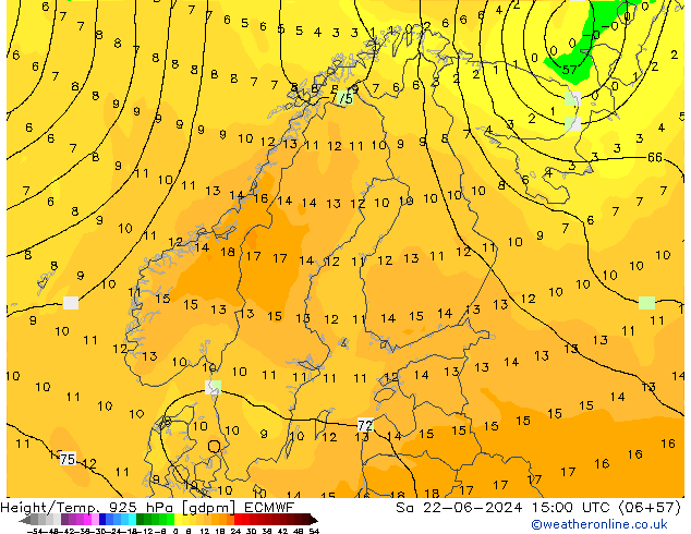 Yükseklik/Sıc. 925 hPa ECMWF Cts 22.06.2024 15 UTC