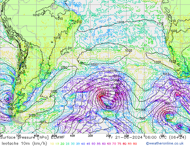 Isotachen (km/h) ECMWF vr 21.06.2024 06 UTC