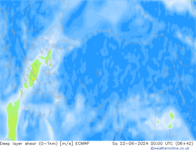 Deep layer shear (0-1km) ECMWF Sa 22.06.2024 00 UTC