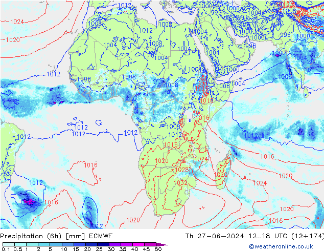 Precipitation (6h) ECMWF Čt 27.06.2024 18 UTC