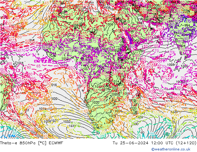 Theta-e 850hPa ECMWF Di 25.06.2024 12 UTC