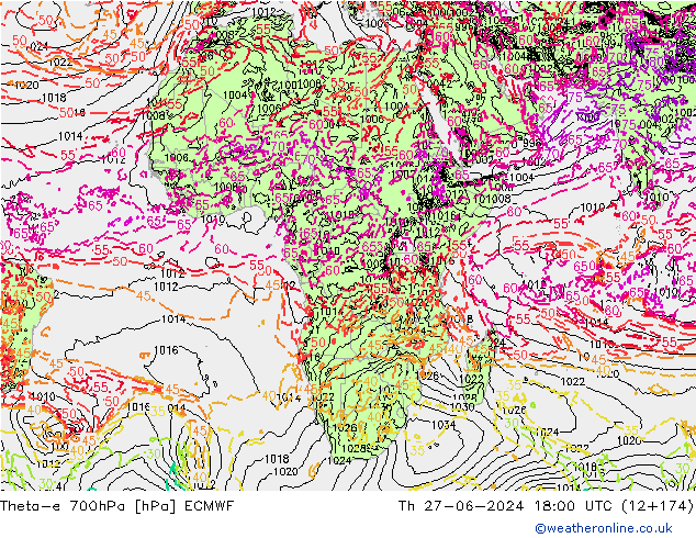Theta-e 700hPa ECMWF gio 27.06.2024 18 UTC