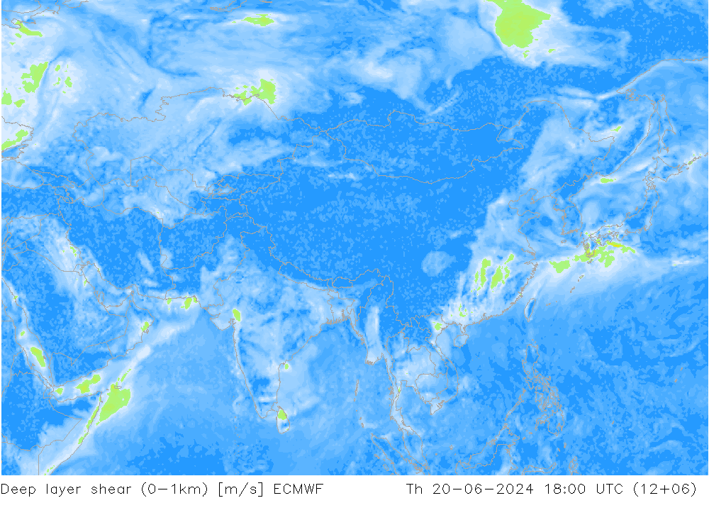 Deep layer shear (0-1km) ECMWF Th 20.06.2024 18 UTC