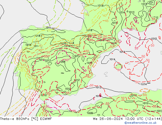 Theta-e 850hPa ECMWF Mi 26.06.2024 12 UTC