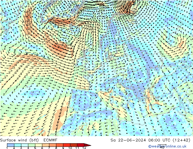 Rüzgar 10 m (bft) ECMWF Cts 22.06.2024 06 UTC