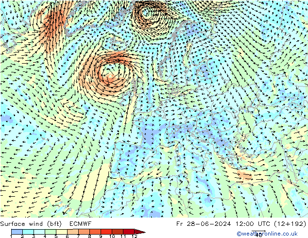 Wind 10 m (bft) ECMWF vr 28.06.2024 12 UTC