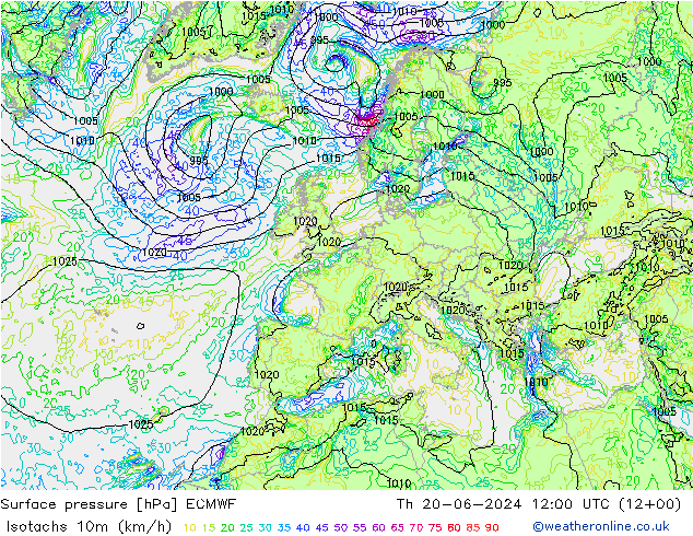10米等风速线 (kph) ECMWF 星期四 20.06.2024 12 UTC