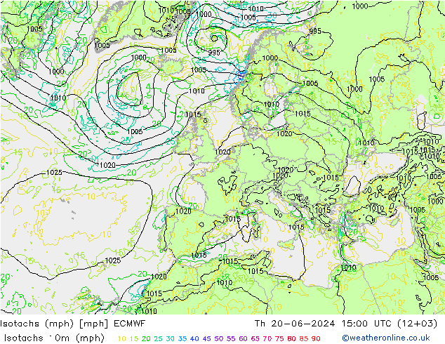 Isotachs (mph) ECMWF 星期四 20.06.2024 15 UTC