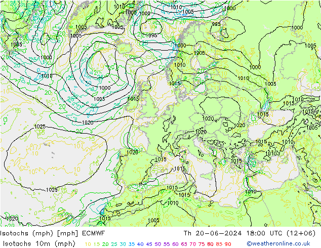 Isotachs (mph) ECMWF Čt 20.06.2024 18 UTC