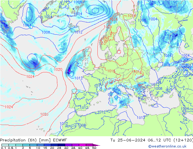 Precipitation (6h) ECMWF Tu 25.06.2024 12 UTC