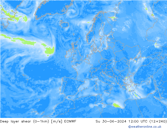 Deep layer shear (0-1km) ECMWF Su 30.06.2024 12 UTC