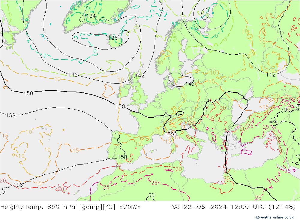 Geop./Temp. 850 hPa ECMWF sáb 22.06.2024 12 UTC