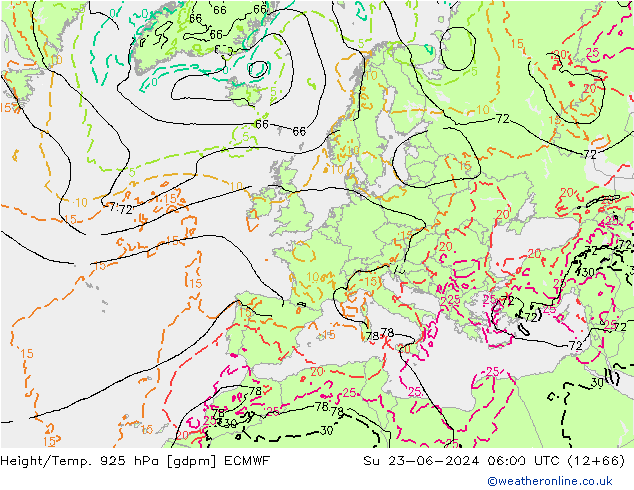 Hoogte/Temp. 925 hPa ECMWF zo 23.06.2024 06 UTC