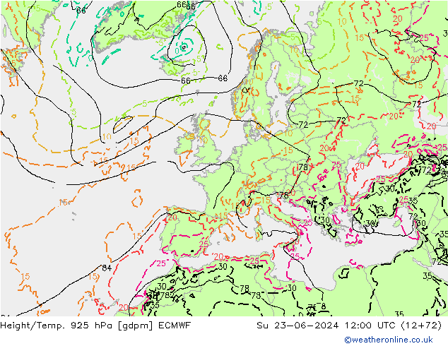 Height/Temp. 925 hPa ECMWF So 23.06.2024 12 UTC