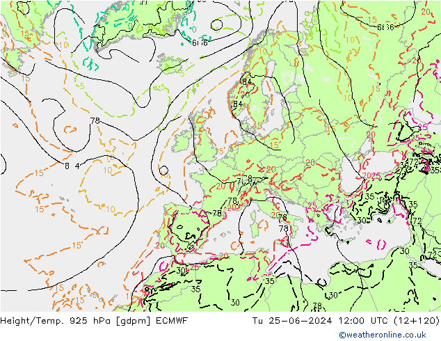 Height/Temp. 925 hPa ECMWF Di 25.06.2024 12 UTC