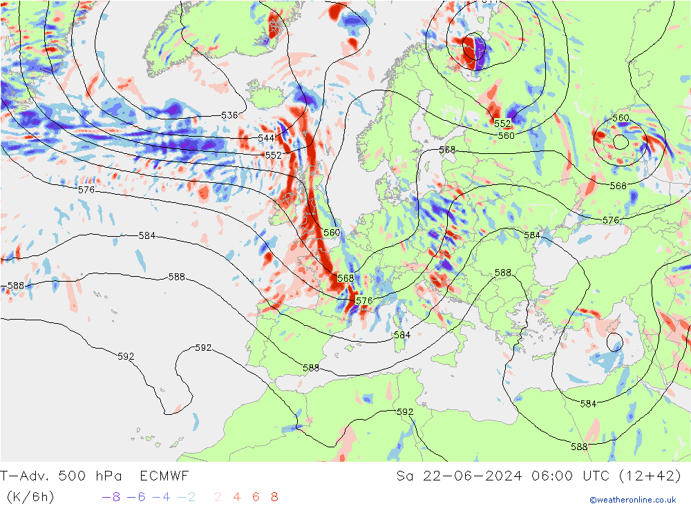 T-Adv. 500 hPa ECMWF Sa 22.06.2024 06 UTC