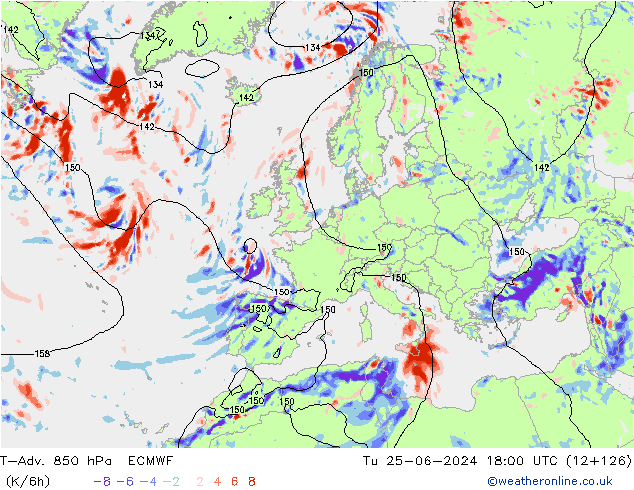 T-Adv. 850 hPa ECMWF mar 25.06.2024 18 UTC