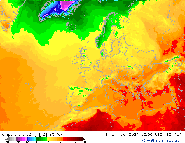 mapa temperatury (2m) ECMWF pt. 21.06.2024 00 UTC