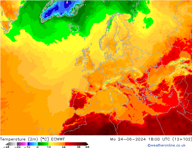 Sıcaklık Haritası (2m) ECMWF Pzt 24.06.2024 18 UTC