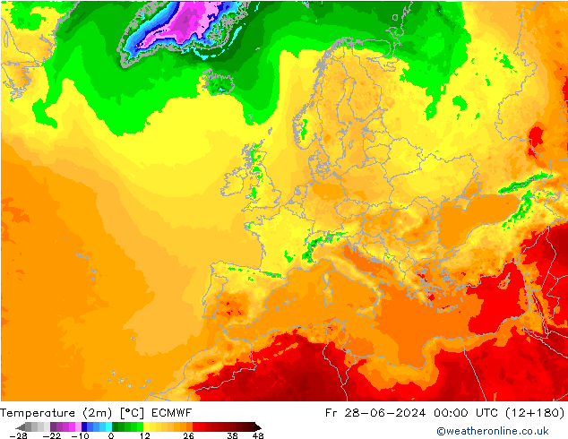 Temperature (2m) ECMWF Fr 28.06.2024 00 UTC