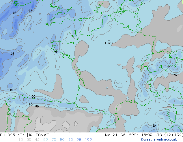 Humidité rel. 925 hPa ECMWF lun 24.06.2024 18 UTC