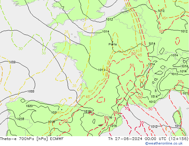 Theta-e 700hPa ECMWF czw. 27.06.2024 00 UTC