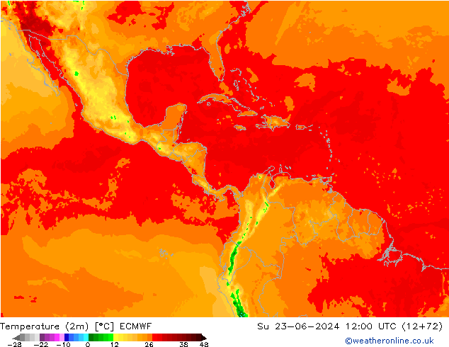 Temperatuurkaart (2m) ECMWF zo 23.06.2024 12 UTC